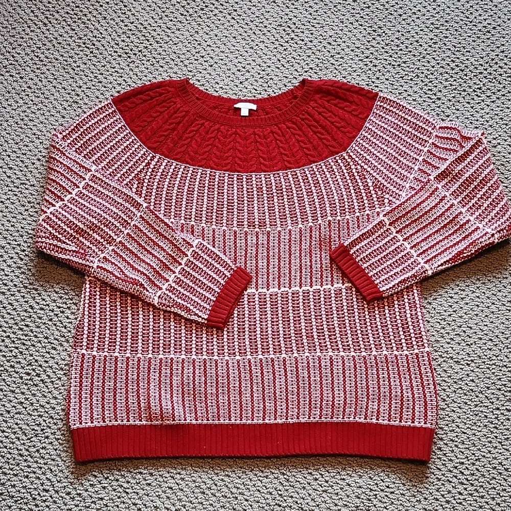 Talbots Red and White Cotton Blend Fair Isle Crew Neck Women's Sweater Large